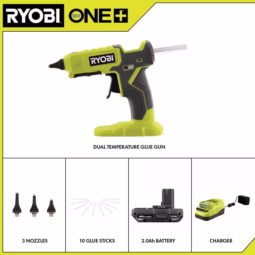 RYOBI ONE+ 18V Cordless Dual Temperature Glue Gun Kit with 2.0 Ah Battery and 18V Lithium-Ion Charger