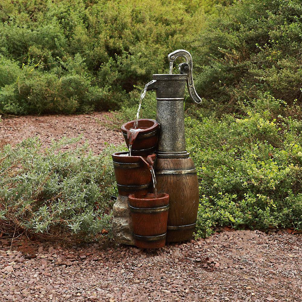 Alpine Corporation 24 in. Tall Outdoor 3-Tier Vintage Pump Barrel Fountain Yard Art Decor