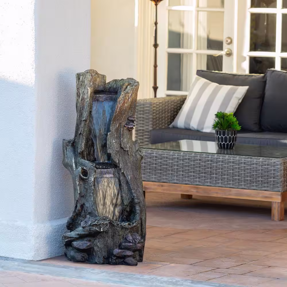 Alpine Corporation 41 in. Tall Outdoor Rainforest Waterfall Tree Trunk Fountain with LED Lights