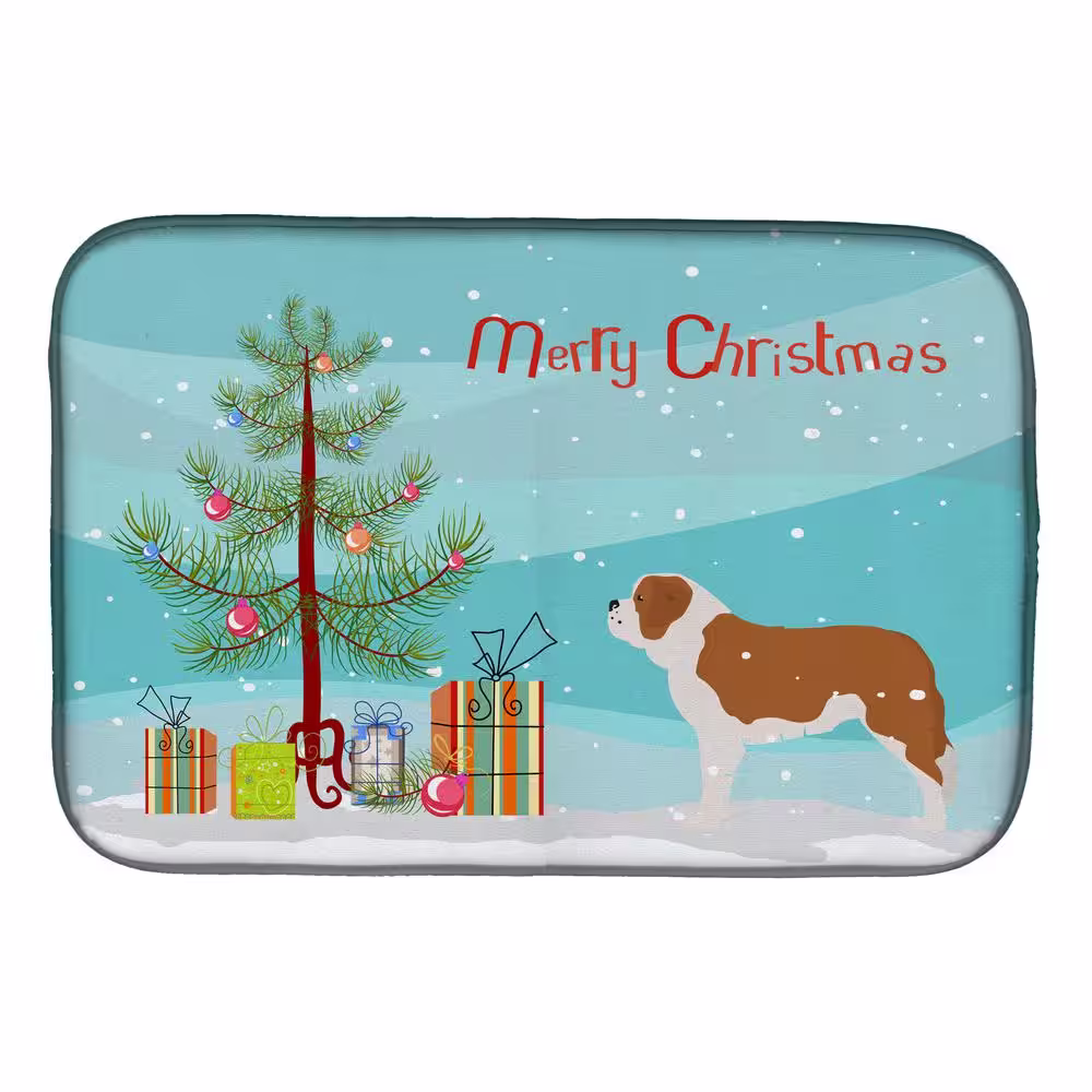 Caroline's Treasures 14 in. x 21 in. Multicolor Saint Bernard Merry Christmas Tree Dish Drying Mat