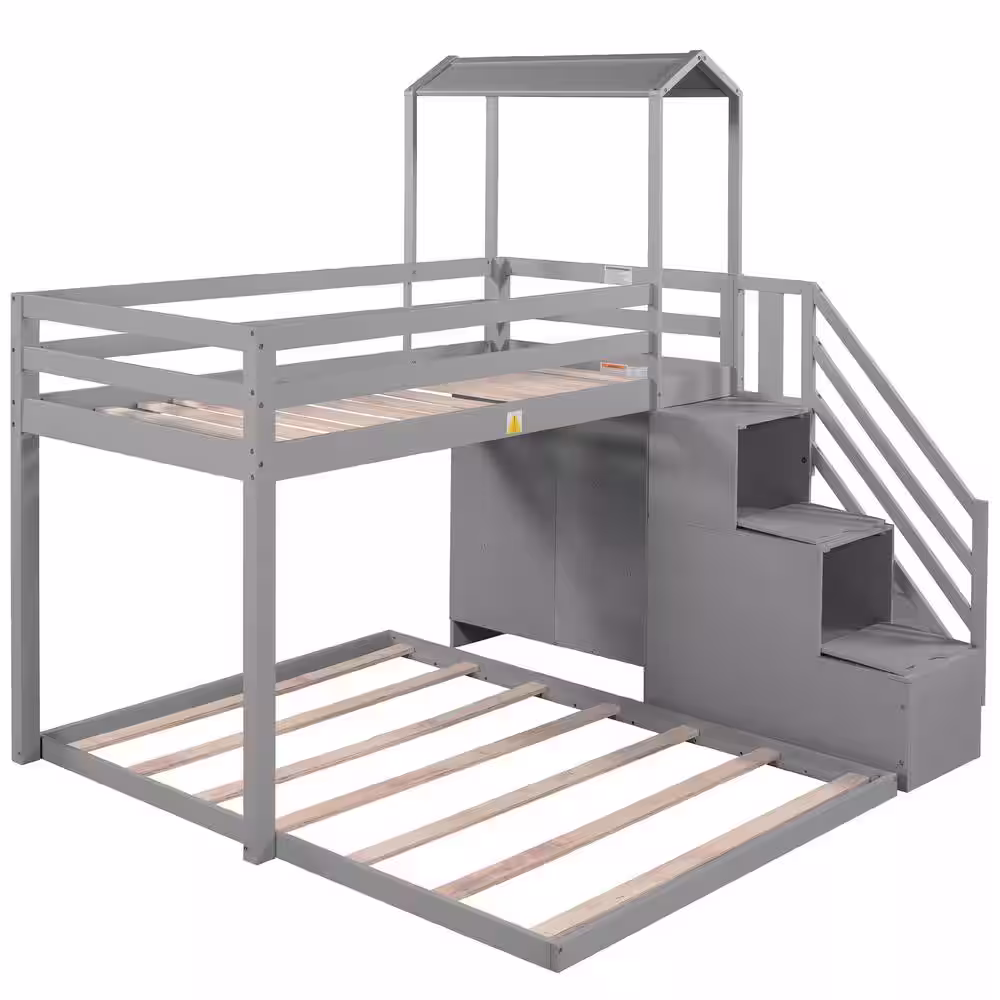 Harper & Bright Designs Gray Twin over Full House Roof Bunk Bed with Staircase and Shelves