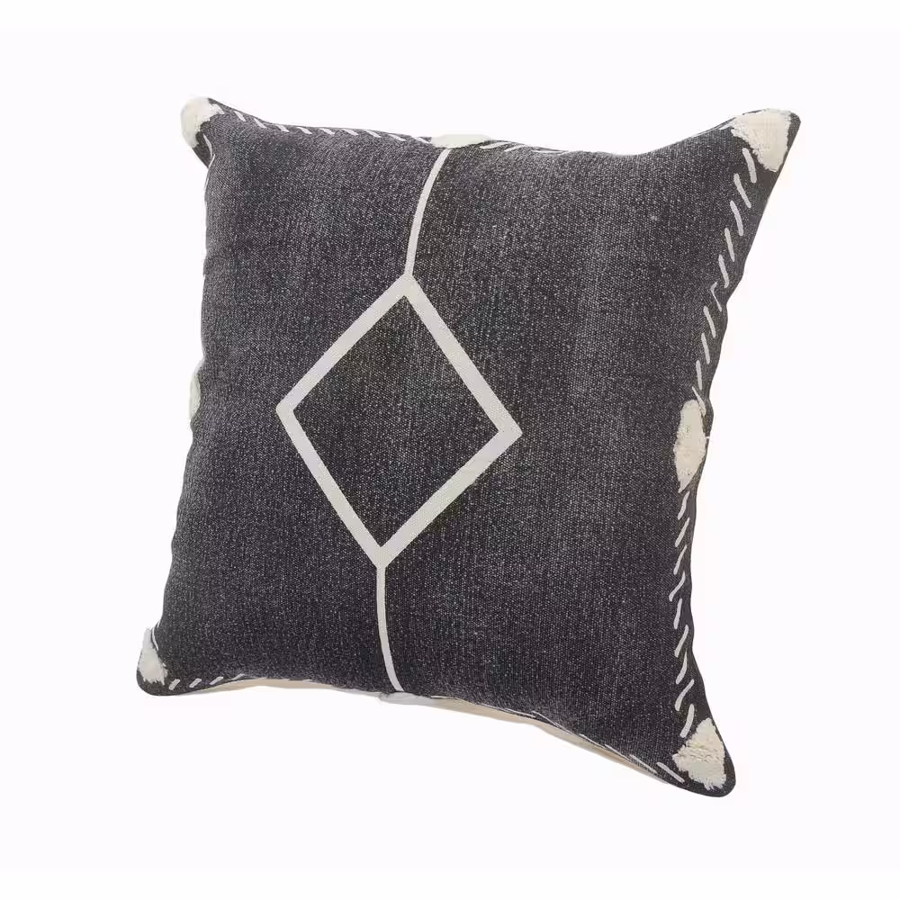 LR Home Tufted Edges Black / White Diamond Cozy Poly-Fill 20 in. x 20 in. Throw Pillow