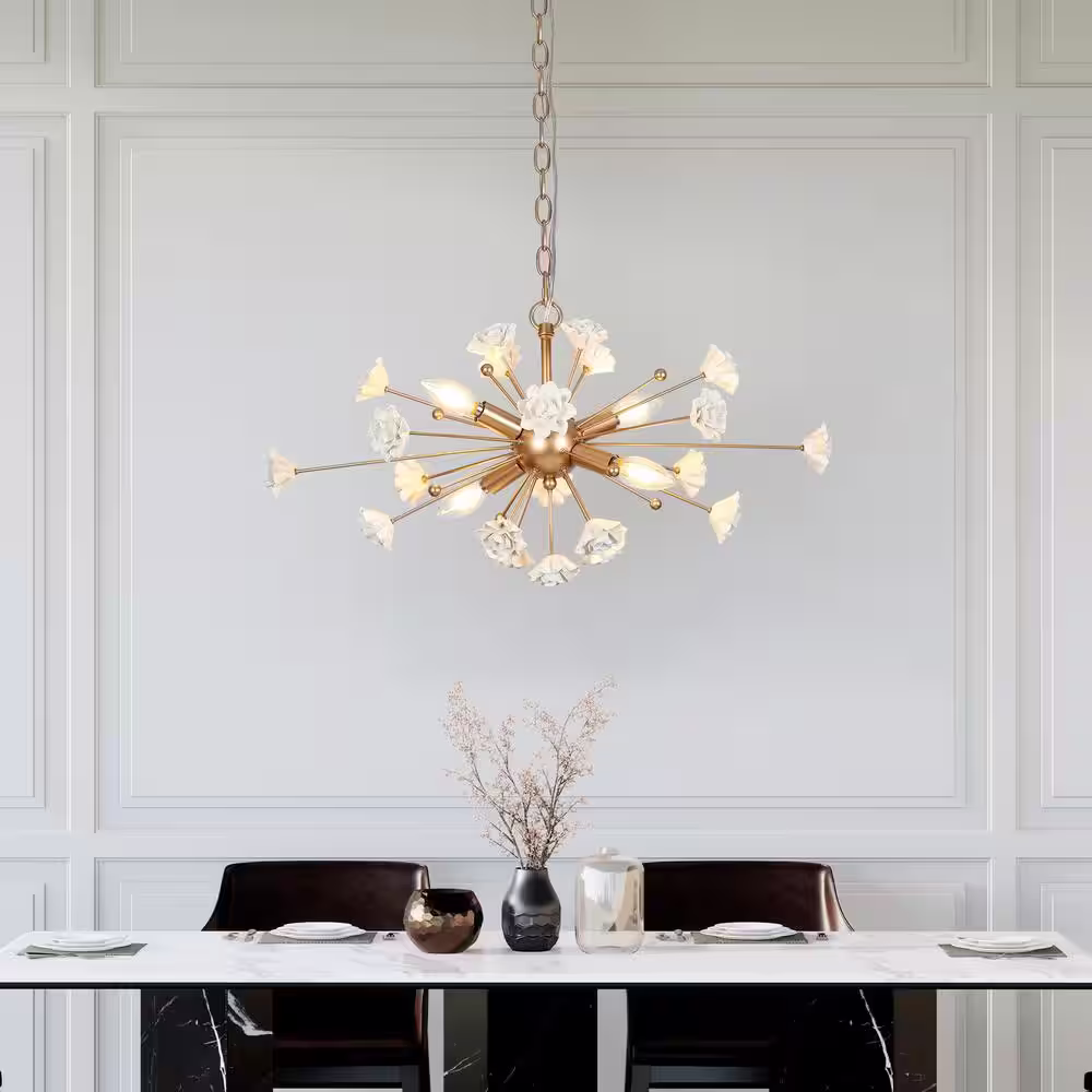 Uolfin Modern Gold Dining Room Chandelier, 4-Light Cluster Kitchen Island Chandelier with White Ceramic Flowers
