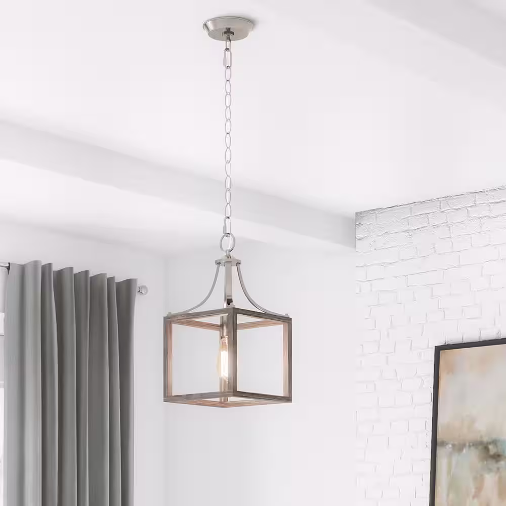 Hampton Bay Boswell Quarter 1-Light Brushed Nickel Mini-Pendant with Weathered Wood Accents
