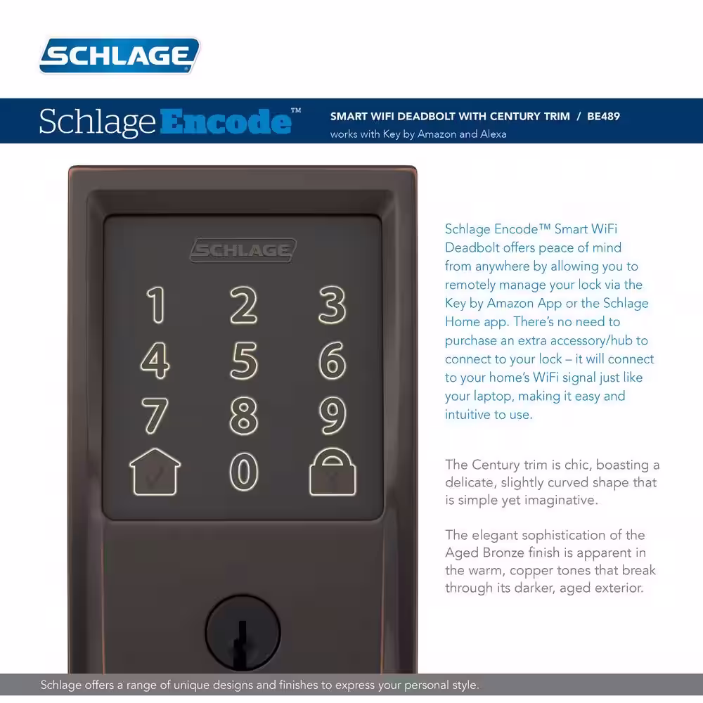 Schlage Century Aged Bronze Encode Smart Wi-Fi Deadbolt with Alarm and Century Handleset and Latitude Handle