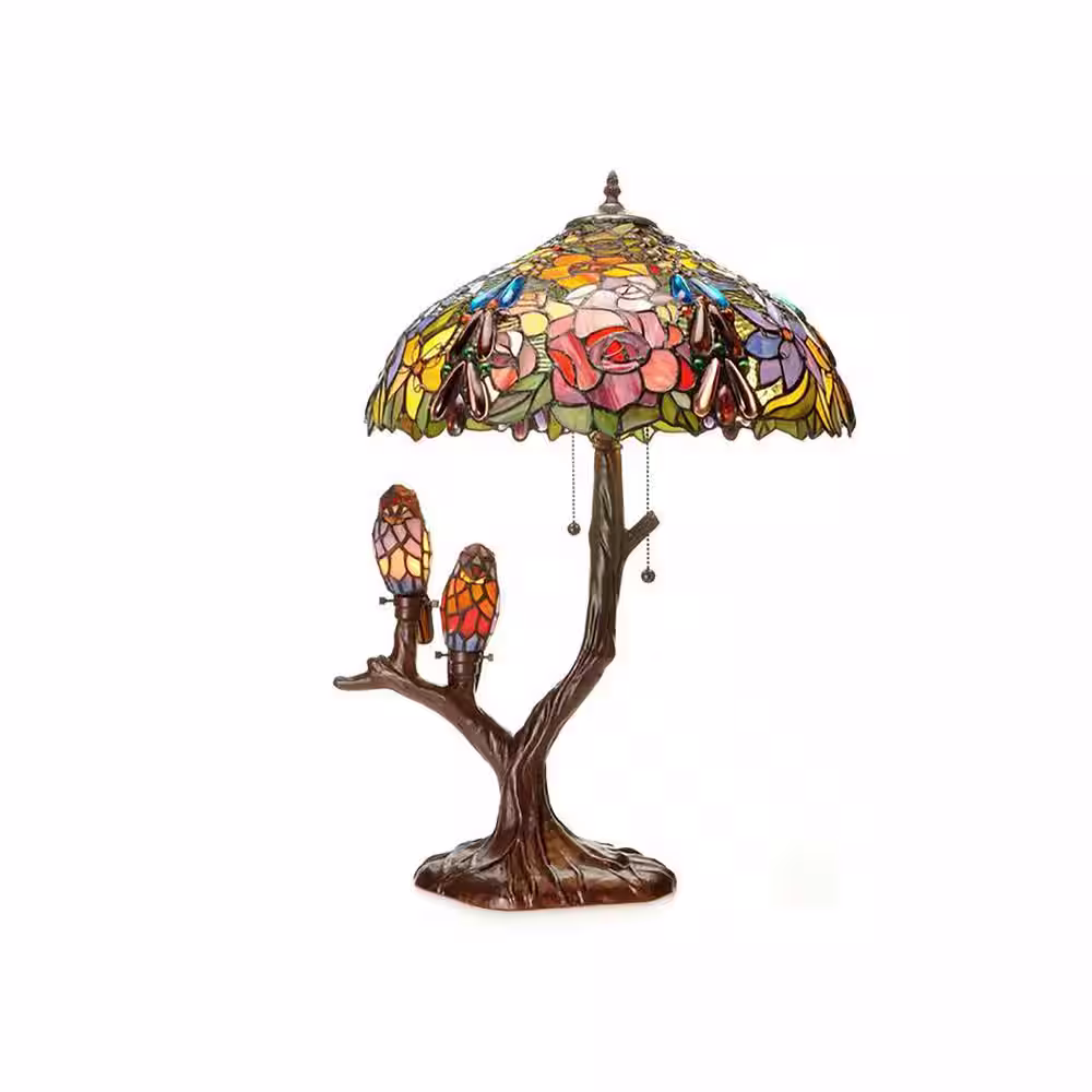 WAREHOUSE OF TIFFANY 25 in. Floral Birds Multicolored Brown Table Lamp