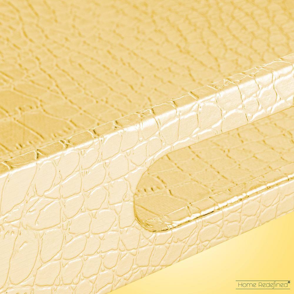 None 18 in. x 12 in. Gold Rectangle Alligator Faux Leather Decorative Serving Tray with Handles