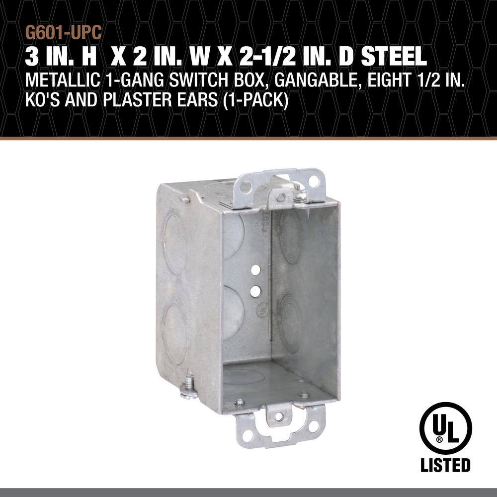 Southwire 3 in. H x 2 in. W x 2-1/2 in. D Steel Metallic 1-Gang Switch Box, Gangable, Eight 1/2 in. KO's and Plaster Ears 1-Pack