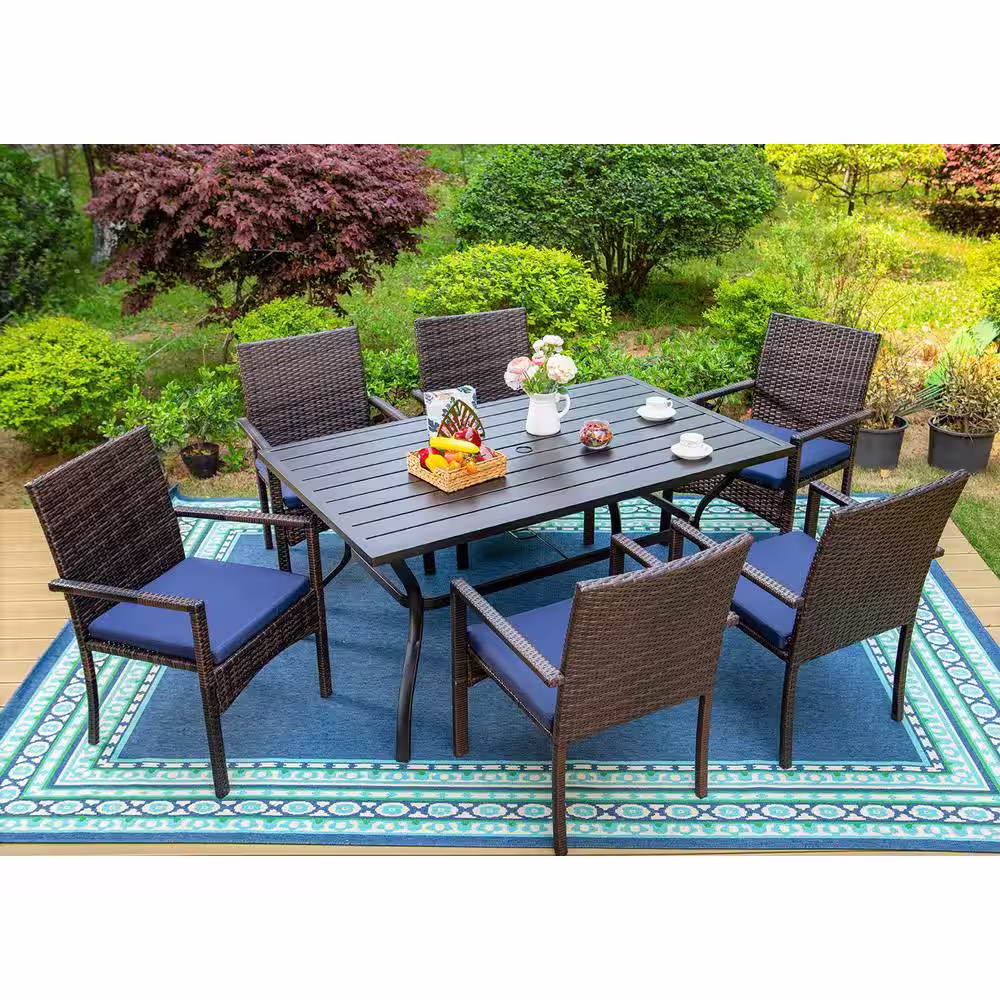 None Black 8-Piece Metal Patio Outdoor Dining Set with Rectangle Slat Table, Umbrella and Rattan Chair with Blue Cushion