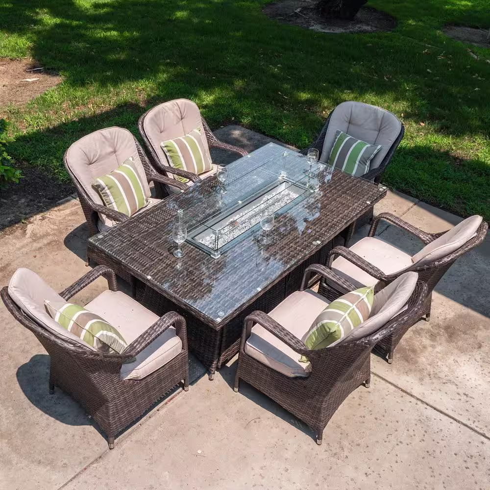 moda furnishings Neo Brown 7-Piece Wicker Rectangular Outdoor Dining Gas Fire Pits Sectional Seating Set with Beige Cushion