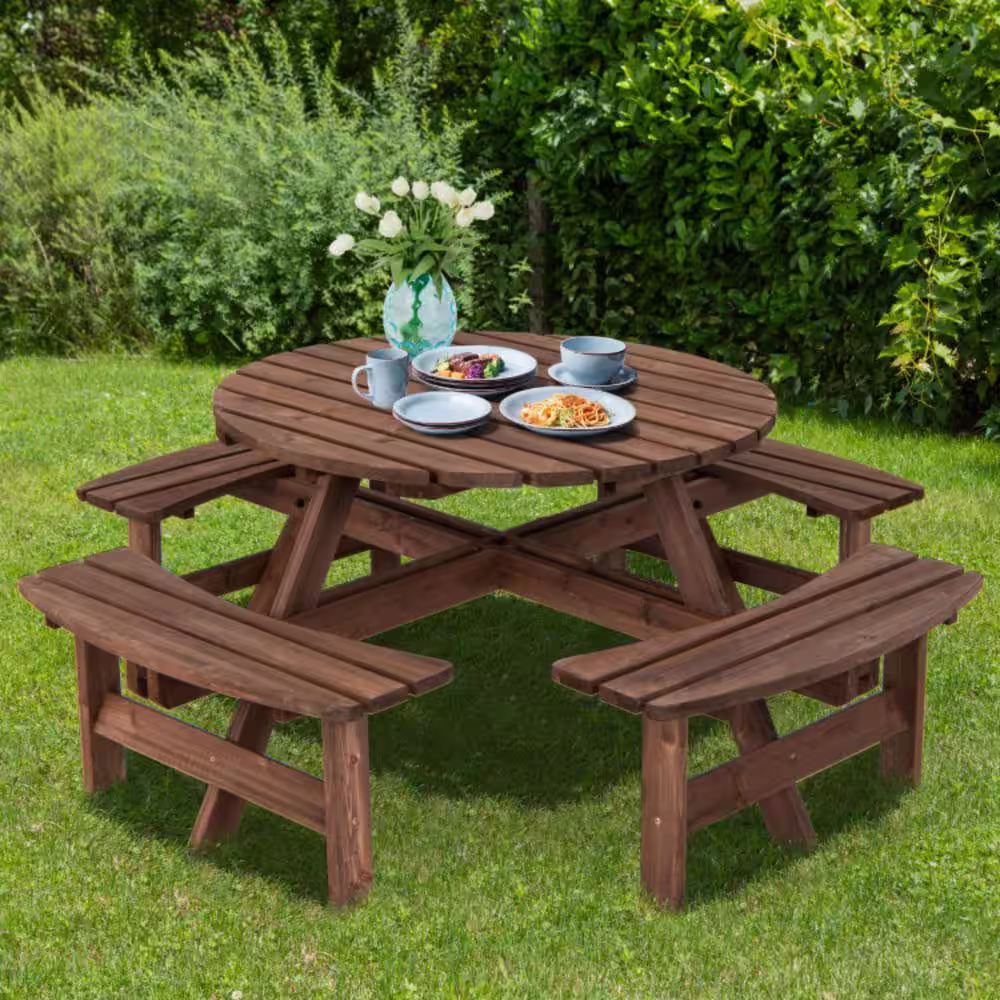 Clihome Fir Wood Patio Outdoor Dining Picnic Table Seat Bench Set with 8 Seat and 2 in. Umbrella Hole