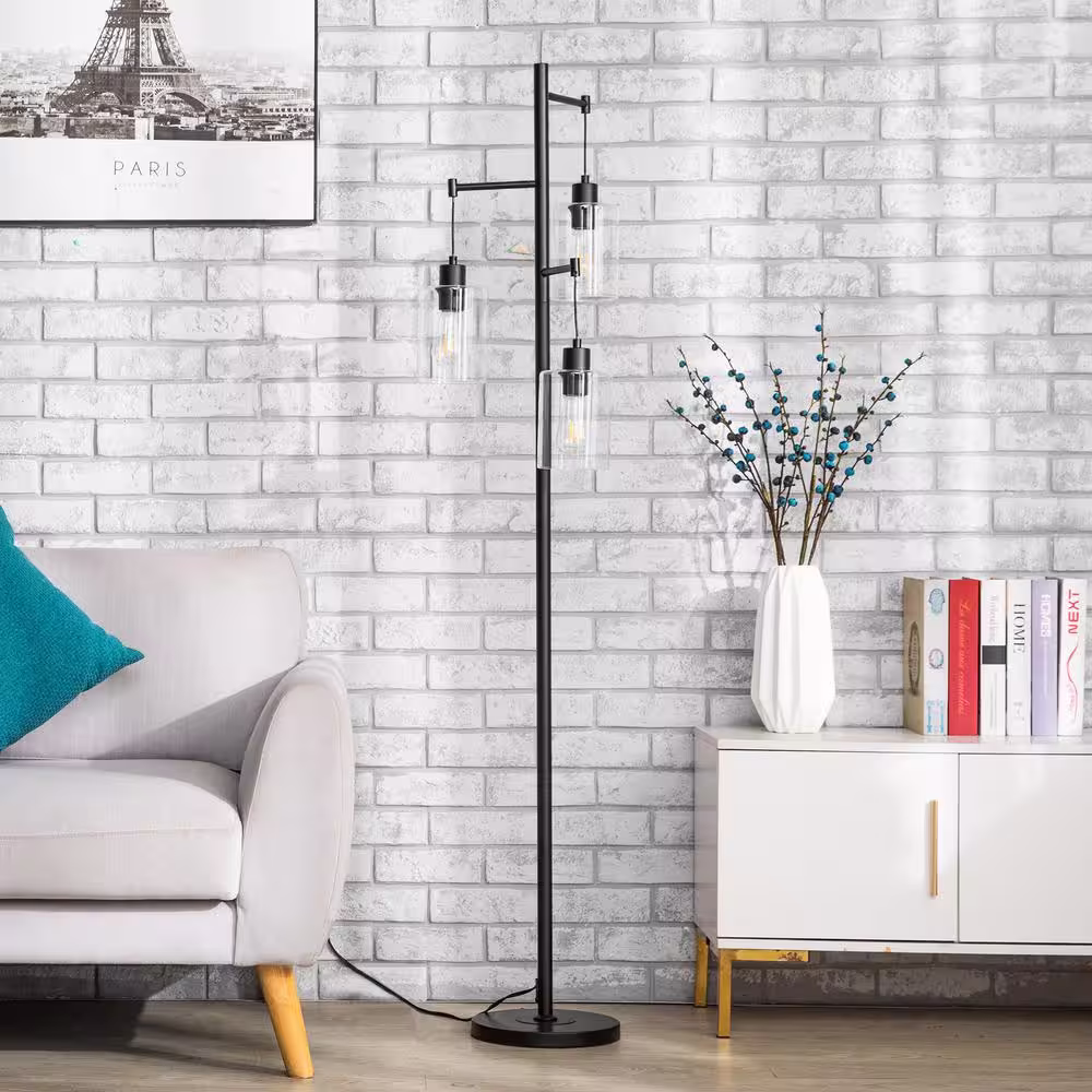 Merra 65 in. Black Industrial Floor Lamp with Hanging Glass Shades 3-Light