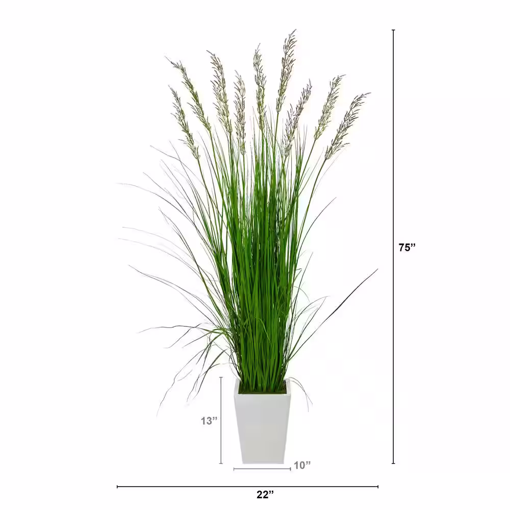 Nearly Natural 75in. Grass Artificial Plant in White Metal Planter