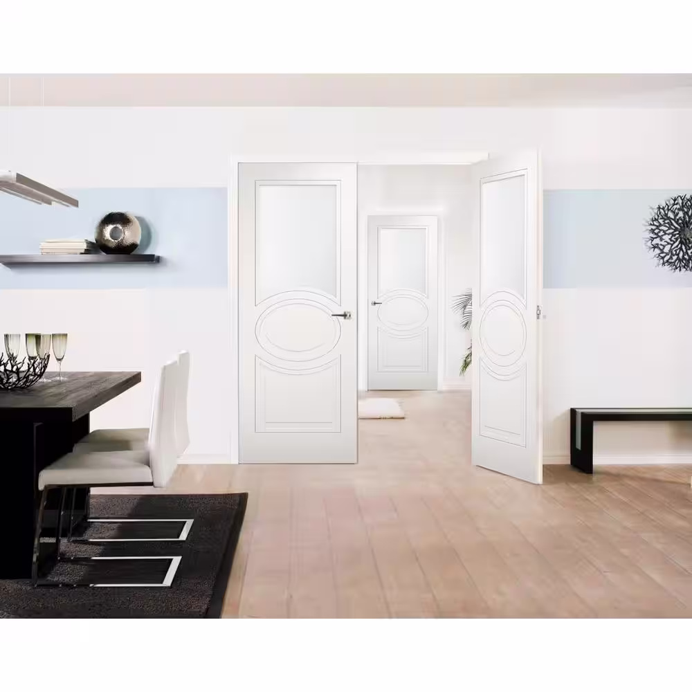 VDOMDOORS 7012 72 in. x 84 in. Universal Handling 1/2-Lite Frosted Glass Solid White Finished Pine MDF Double Prehung French Door