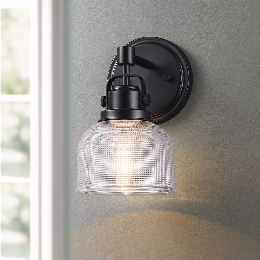TRUE FINE 6 in. 1-Light Black Bathroom Wall Sconce with Clear Prismatic Glass Shade