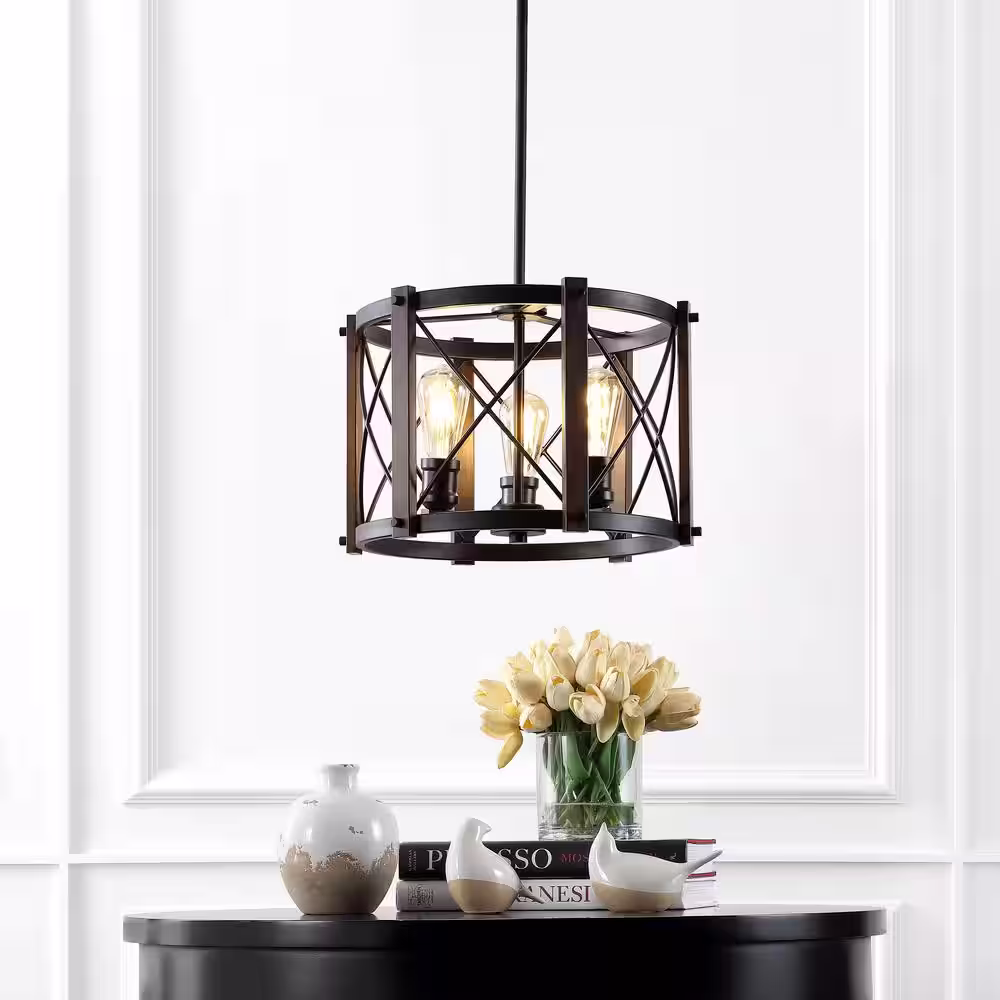 JONATHAN Y Ferme 16 in. 3-Light Oil Rubbed Bronze/Brown Adjustable Iron Rustic Farmhouse LED Pendant