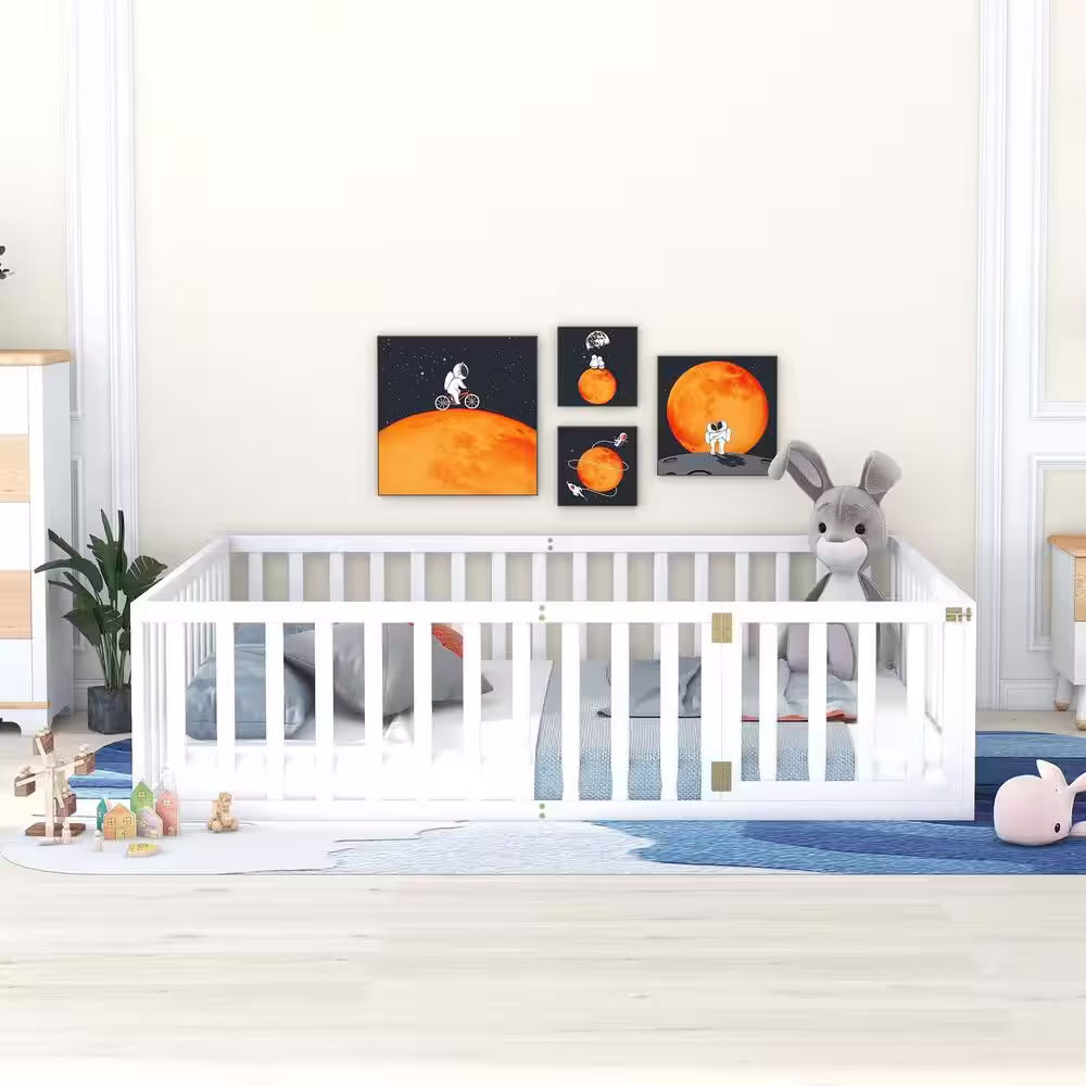 None Queen Size Wood Daybed Frame with Fence, Queen Floor Bed with Door for Toddlers Kids, Box Spring Needed, White