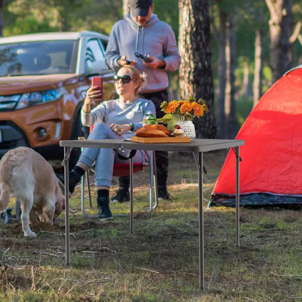Costway Grey Square Metal Folding Outdoor Picnic Dining Table HDPE Camping Table Portable with Handle