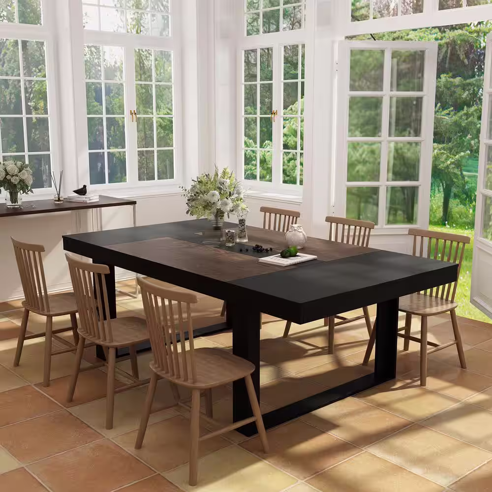 None Black Walnut Wood 86.8 in. W Trestle Dining Table, Meeting Table Seat 10+