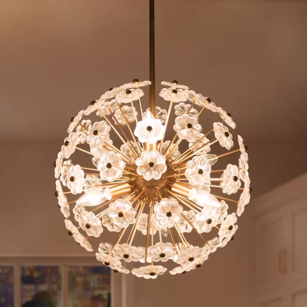 Uolfin Modern Gold Sputnik Bedroom chandelier, 6-Light Dining Room Island Pendant Light Fixture with Flower Glasses