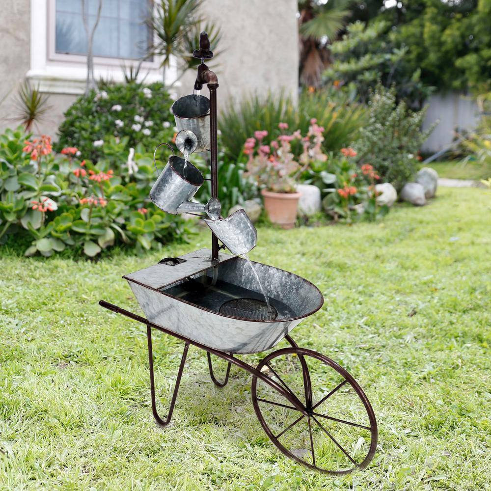 Alpine Corporation 36 in. Tall Rustic Wheelbarrow and Watering Can Fountain Yard Decoration