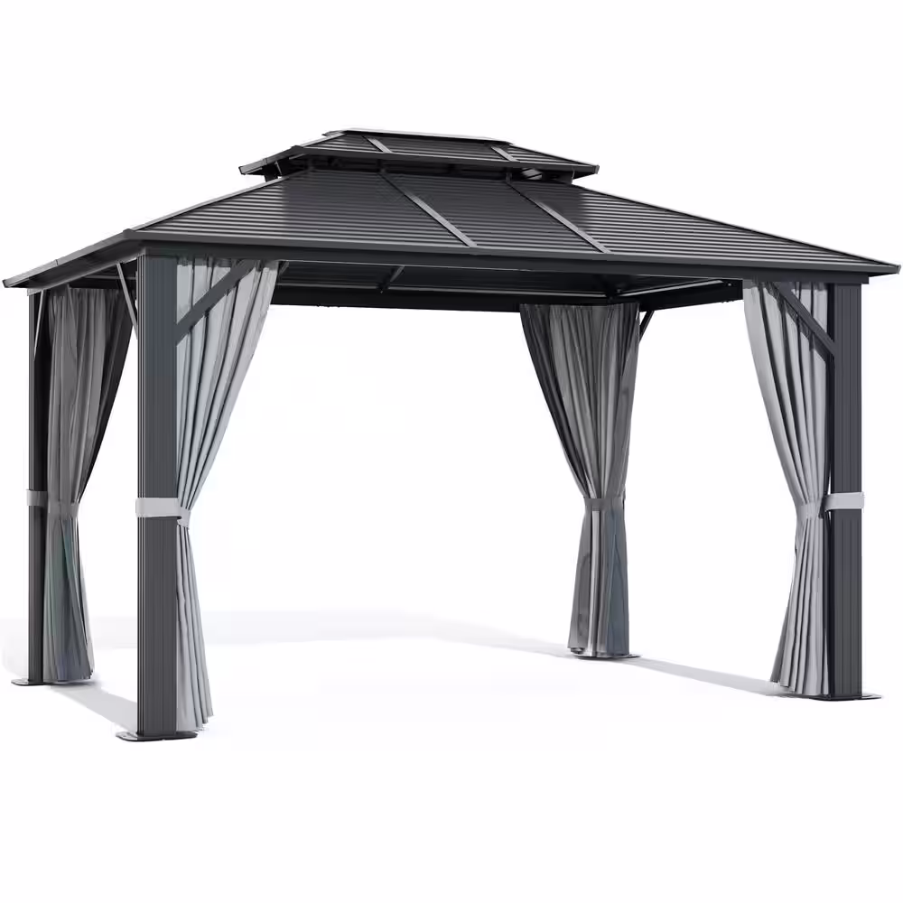 None 10 ft. x 13 ft. Double Roof Hardtop Outdoor Gazabo with Netting and Gray Curtain for Backyard and Garden