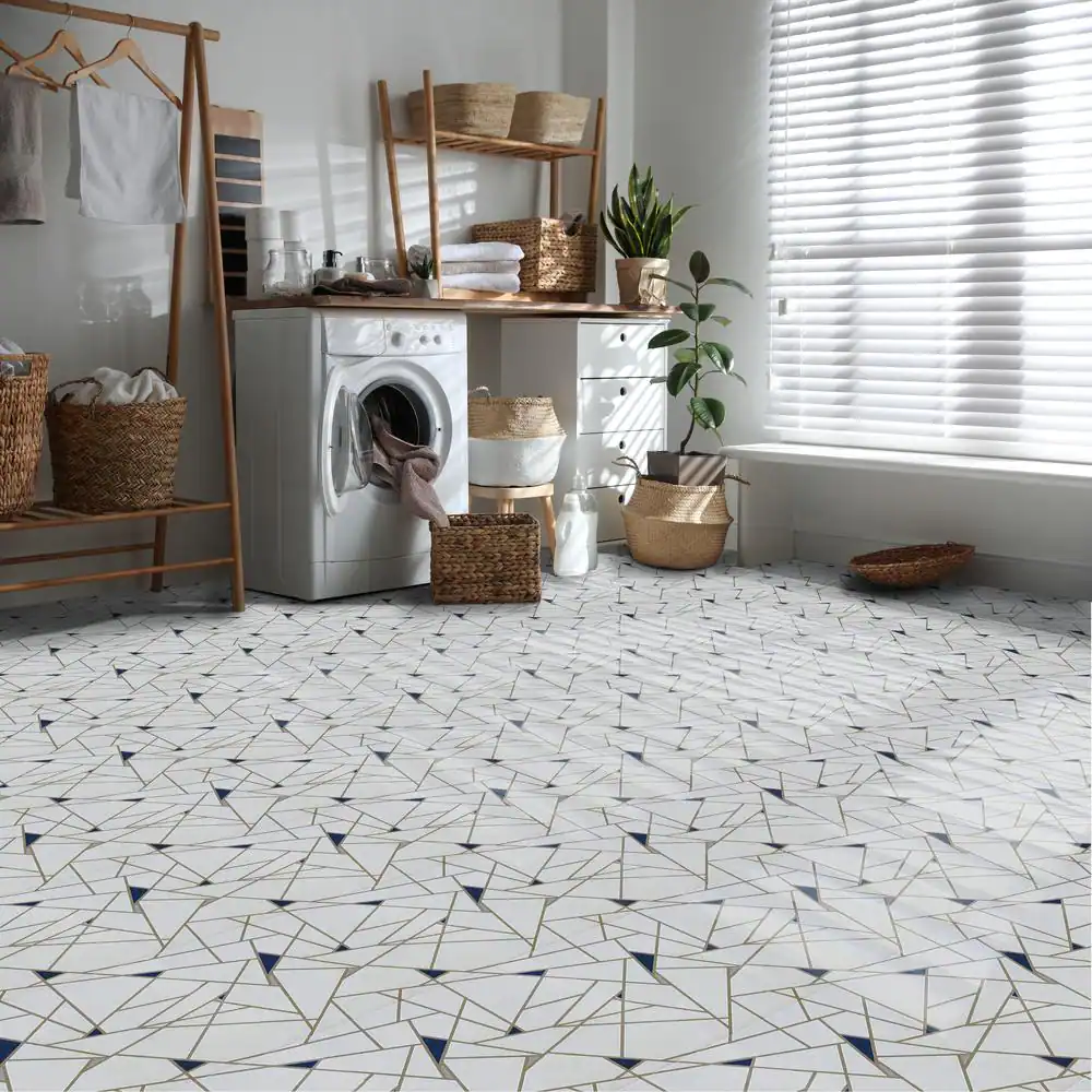 ACHIM Retro 12 in. W x 12 in. L Edge Blue/cream Peel and Stick Vinyl Tile Flooring (20 sq. ft./case)
