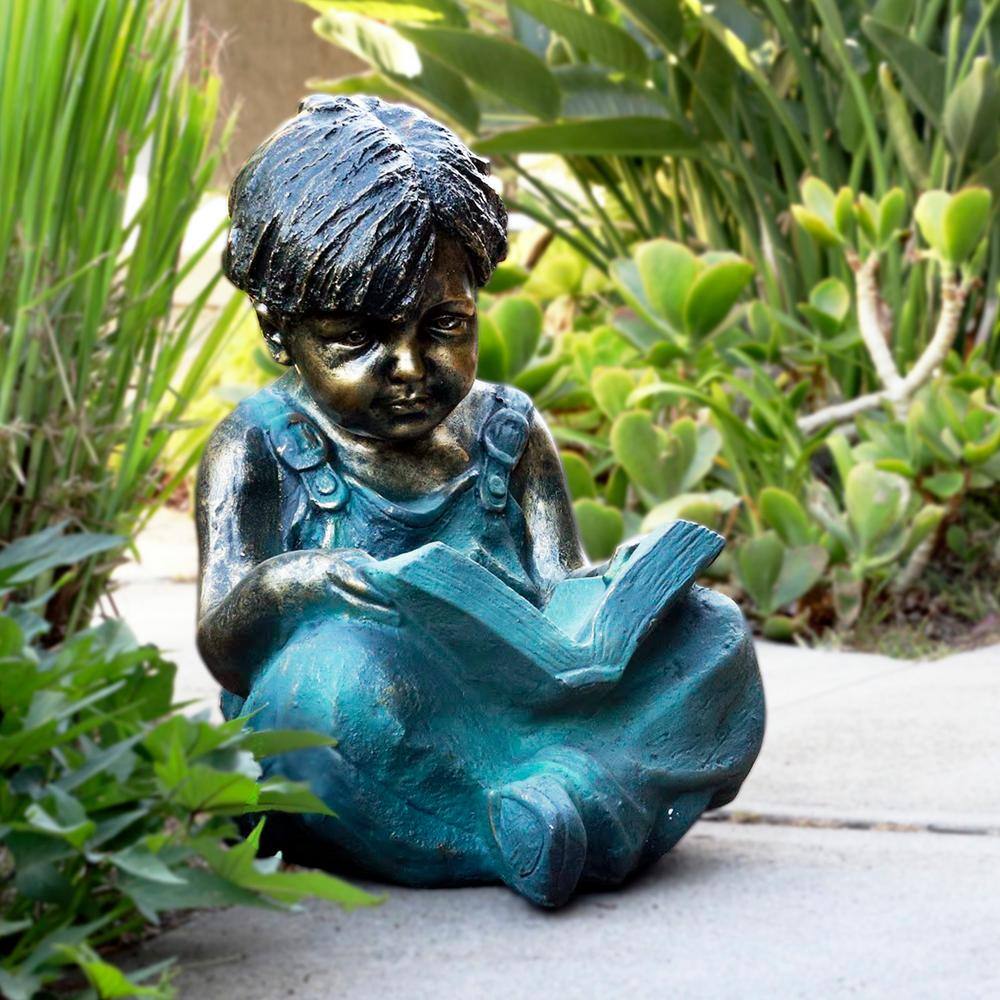 Alpine Corporation 19 in. Tall Indoor/Outdoor Boy Sitting Down Reading Book Statue Set Yard Art Decoration