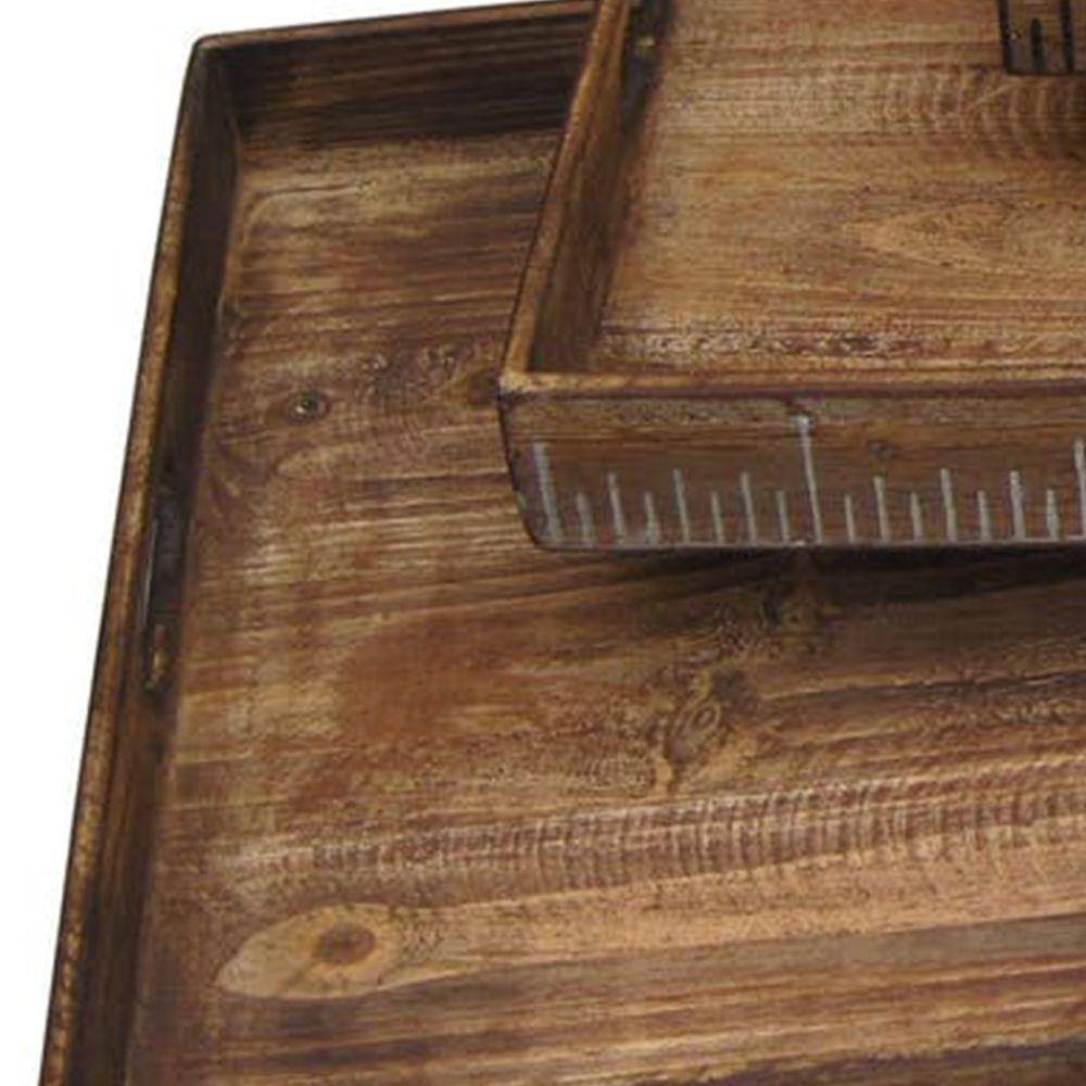 Benjara Brown Wooden Tray with Grain Details and Cut Out Handles (Set of 3)