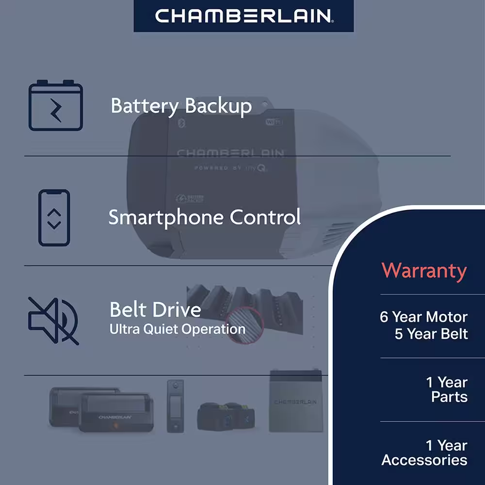 Chamberlain B2211T 1/2 HP Smart Quiet Belt Drive Garage Door Opener with Battery Backup
