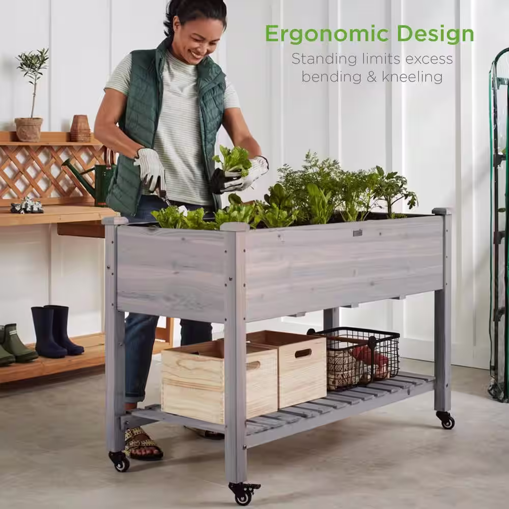 Best Choice Products 48 in. x 24 in. x 32 in. Wood Raised Garden Bed with Lockable Wheels, Liner - Gray
