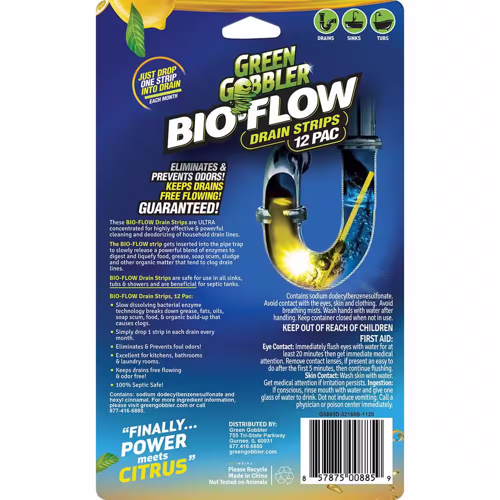Green Gobbler Bio-Flow Drain Cleaning and Deodorizing Strips Lemon Scent (12-Pack)
