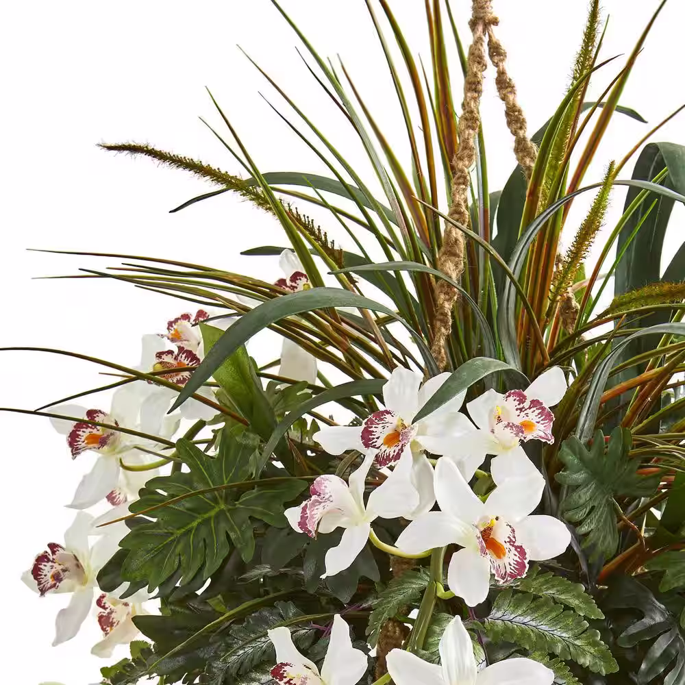 Nearly Natural 29 in. Indoor Cymbidium Orchid and Mixed Greens Artificial Plant Hanging Basket