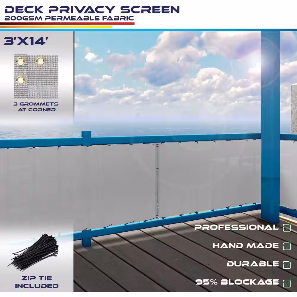 None 3 ft. x 14 ft. Deck Balcony Privacy Screen for Deck Pool Fence Railings Apartment Balcony Privacy Screen, Grey