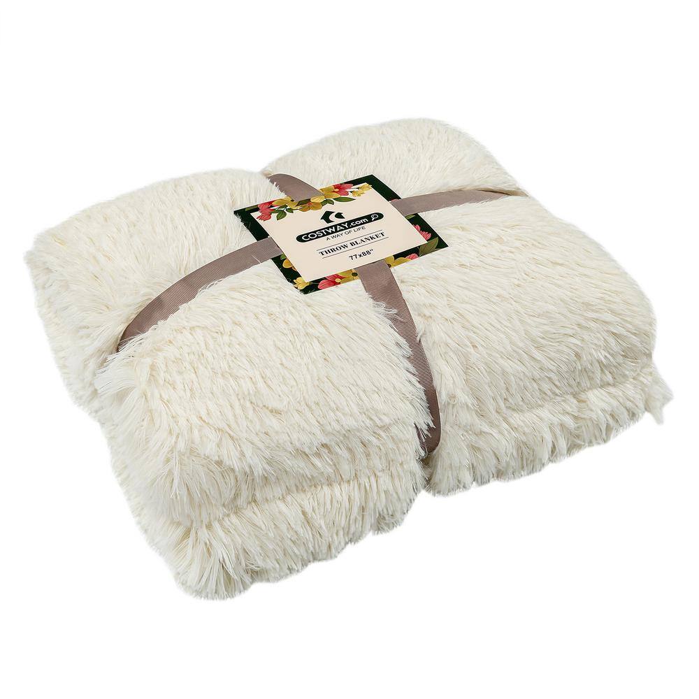 Costway Double Sided Beige Polyester 88 in. x 77 in. Fuzzy Shaggy Fur Bed Throw Blanket
