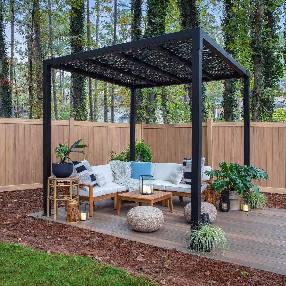 Barrette Outdoor Living 8 ft. x 8 ft. Matte Black Pergola with Black Sanibel Decorative Screen Panel