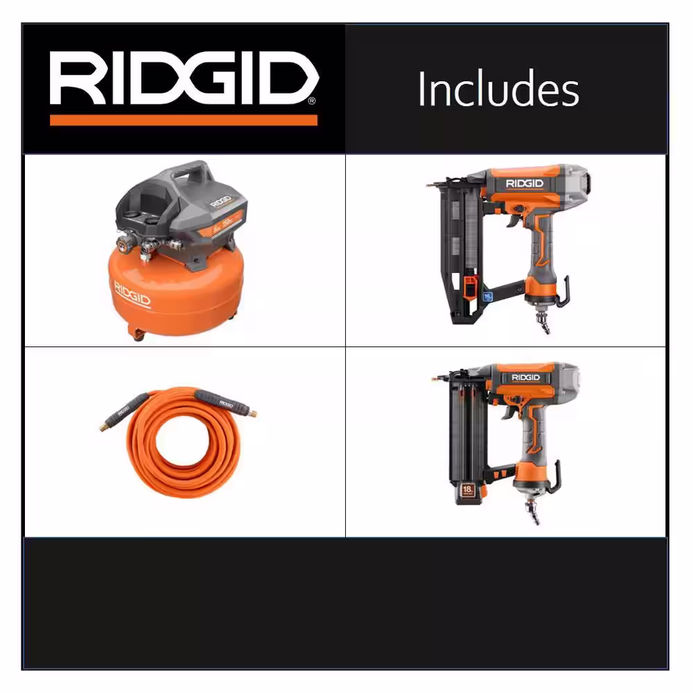 RIDGID 6 Gal. Compressor with 50 ft. Lay Flat Hose and 18-Gauge Brad Nailer with 16-Gauge Straight Finish Nailer