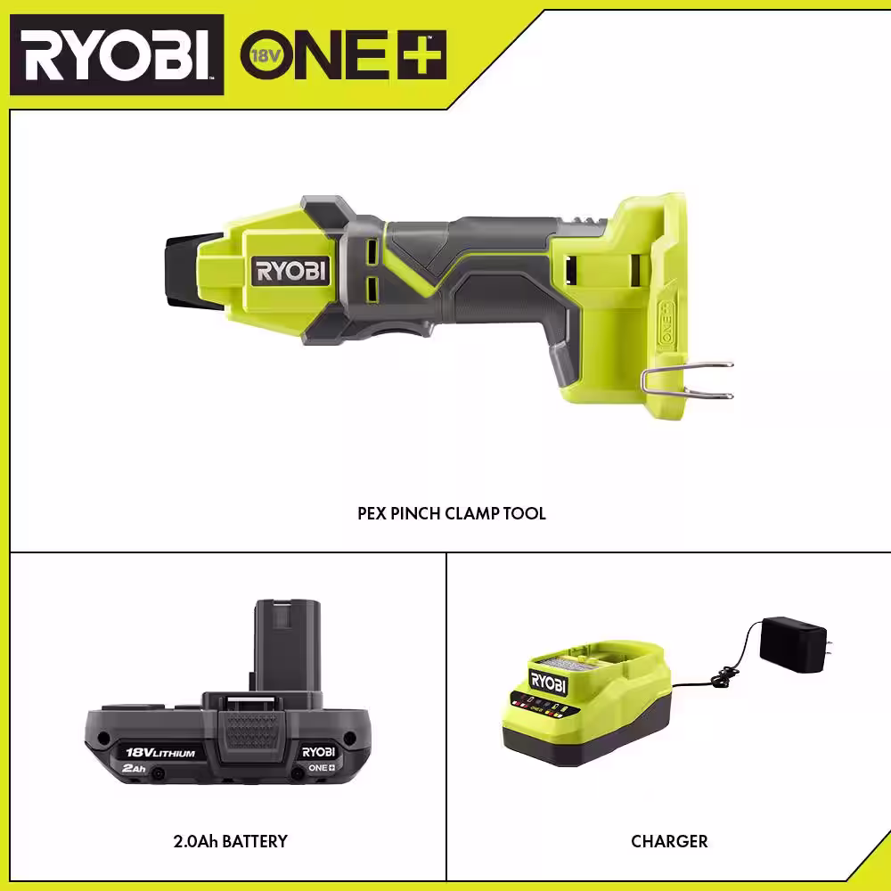 RYOBI ONE+ 18V Cordless PEX Tubing Clamp Tool and 2.0 Ah Compact Battery and Charger Starter Kit