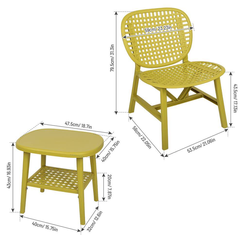 None Yellow 3-Pieces Hollow Design Plastic Patio Conversation Bistro Set with Open Shelf and Lounge Chairs with Widened Seat
