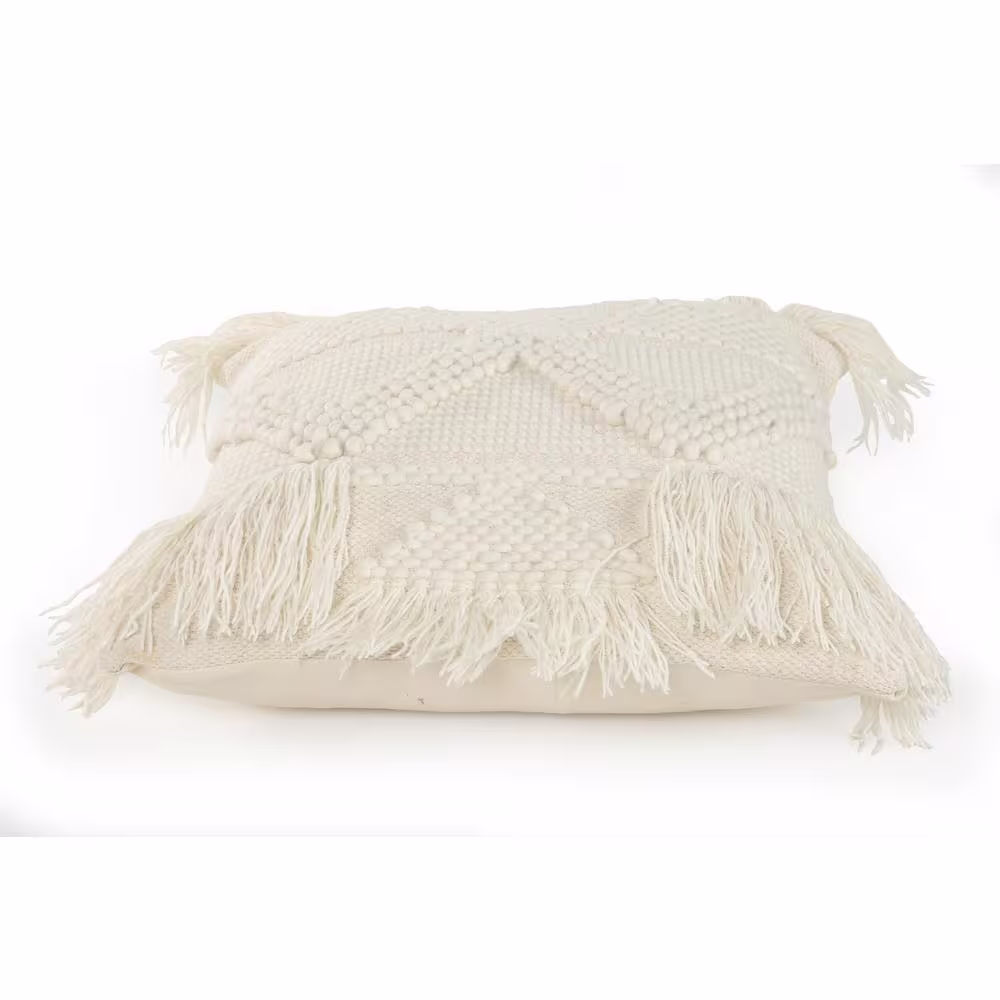 LR Home Eleanor White/Ivory Textured and Fringe Throw Pillow