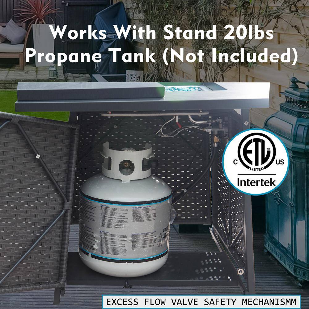 SUNRINX Dark Gray Square Metal 32 in. Propane Fire Pit Table with Blue Glass Ball and ETL-Certified