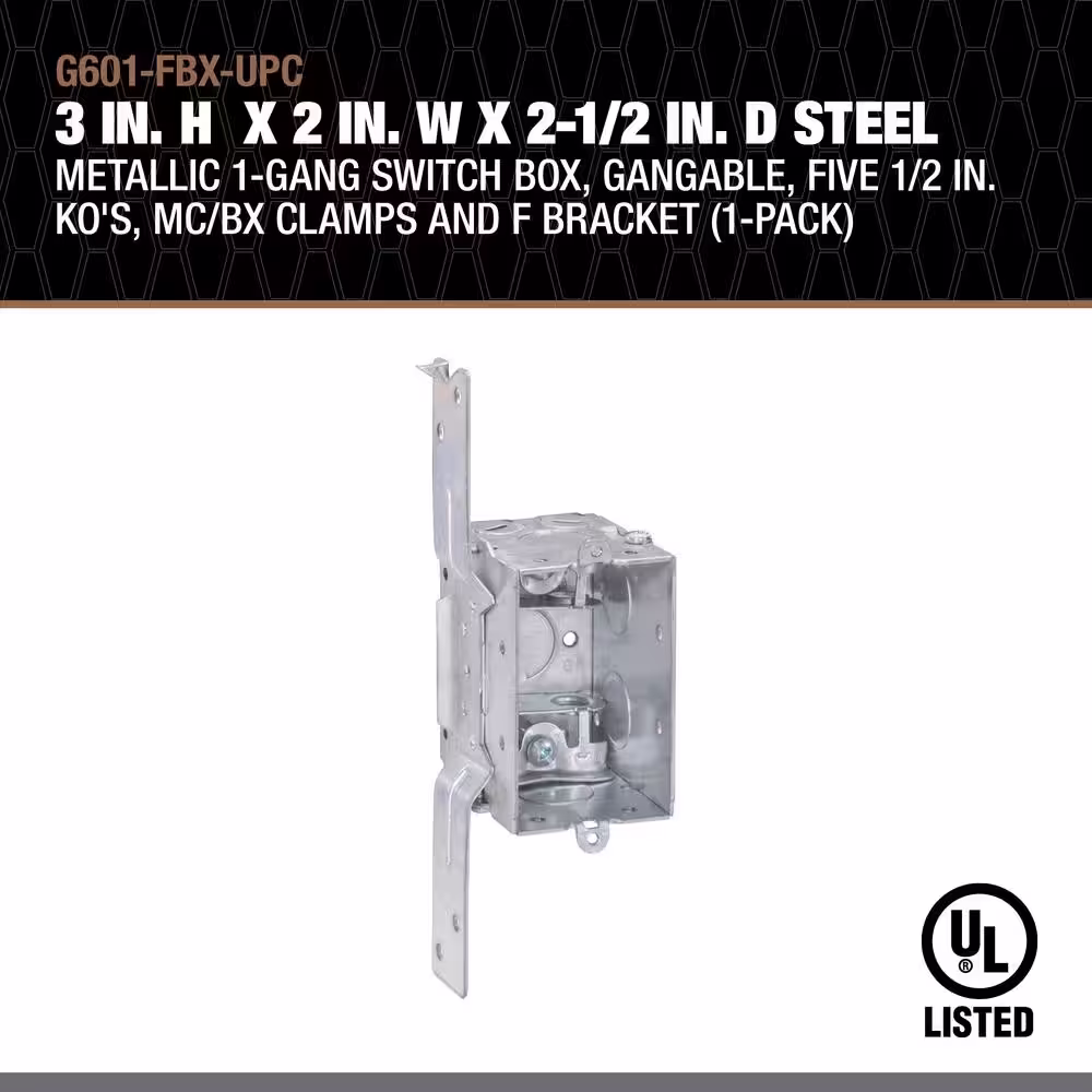 Southwire 3 in. H x 2 in. W x 2-1/2 in. D Steel Metallic 1-Gang Switch Box, Five 1/2 in. KO's, MC/BX Clamps and F Bracket, 1-Pack