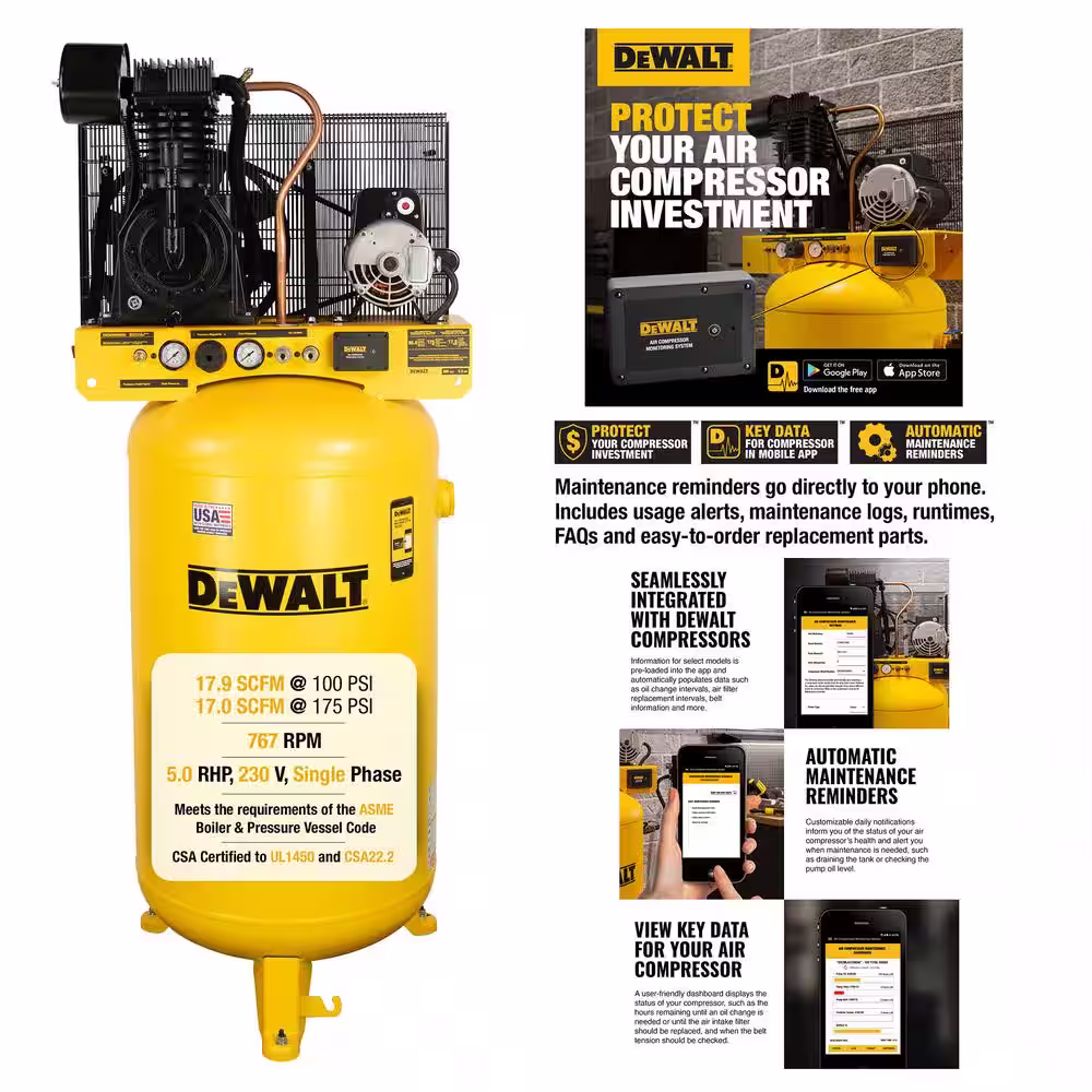 DEWALT 80 Gal. 175 PSI Vertical Stationary Electric Air Compressor with Air Compressor Monitoring System