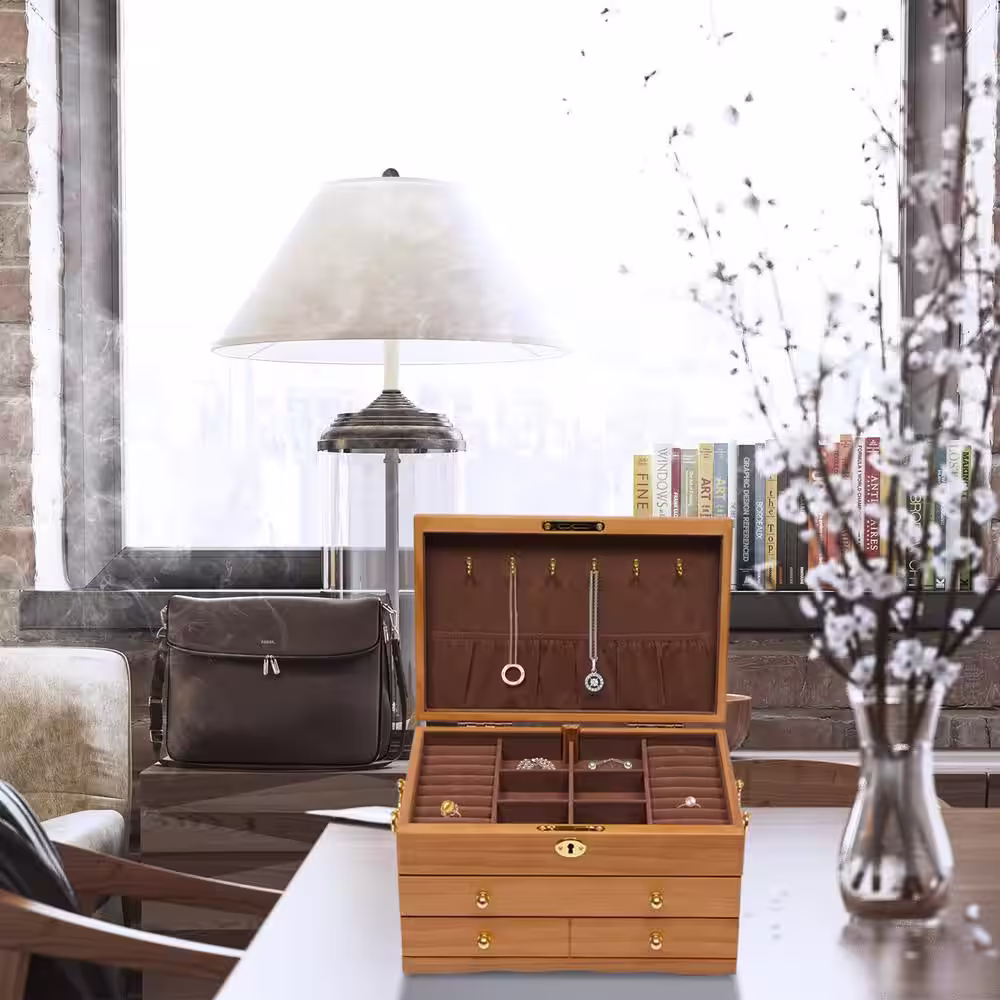 None 3-Layers Wooden Jewelry Box with Lock