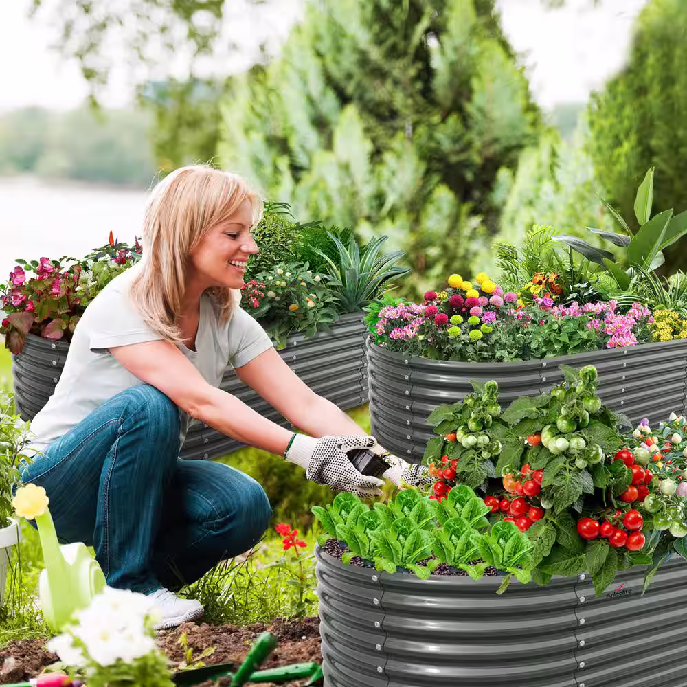 None 2 Pcs Anti-Rust Gray Galvanized Raised Steel Garden Bed Oval Above Ground Modular Planter Boxes(72