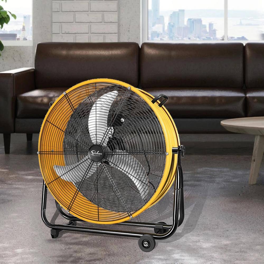 Amucolo 24 in. Air Circulation High-Velocity Industrial Drum Floor Fan in Yellow with Castors and 360-Degree Adjustable Tilt