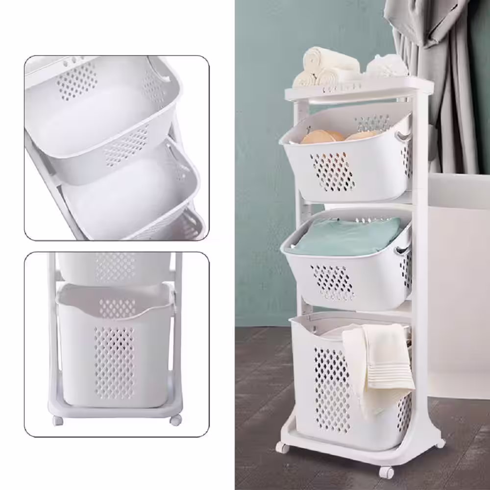 None 3-Layer Moveable Laundry Basket Bathroom Multi-layer Clothes Storage Basket with Wheels