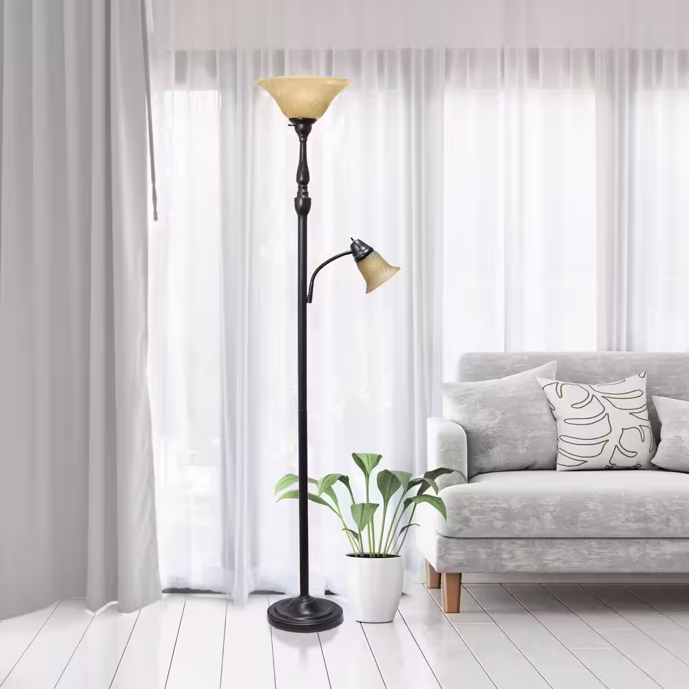 Elegant Designs 2-Light 71 in. Mother Daughter Restoration Bronze Floor Lamp with Amber Glass