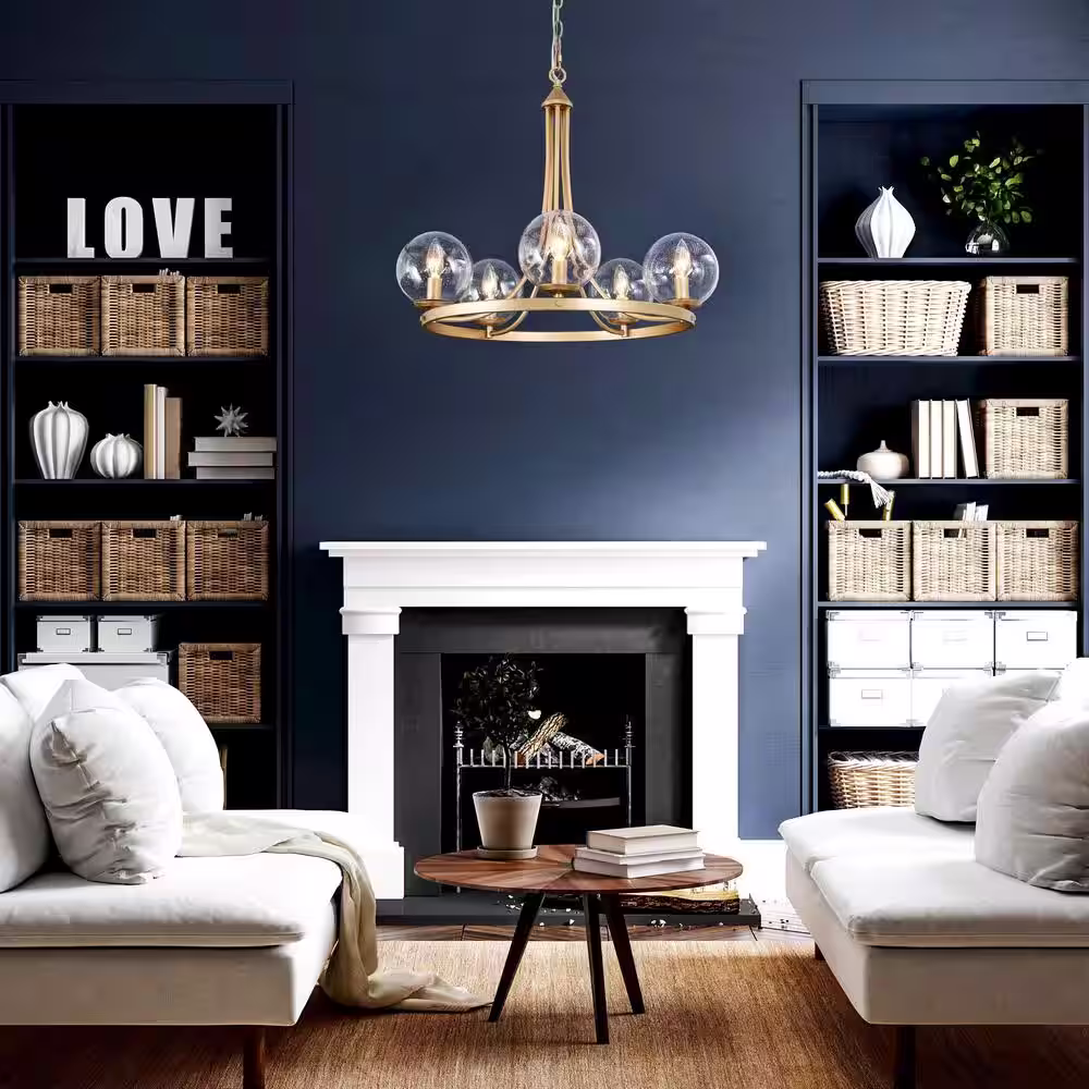 Uolfin Modern Gold Chandelier Pendant Light 5-Light Wagon Wheel Dining Room Chandelier with Seed Glass Shades