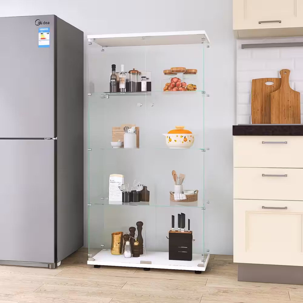None White 4-Shelf Glass Display Storage Cabinet with Double Doors, 64 in.  Glass Cabinet Floor Standing Collection Curio